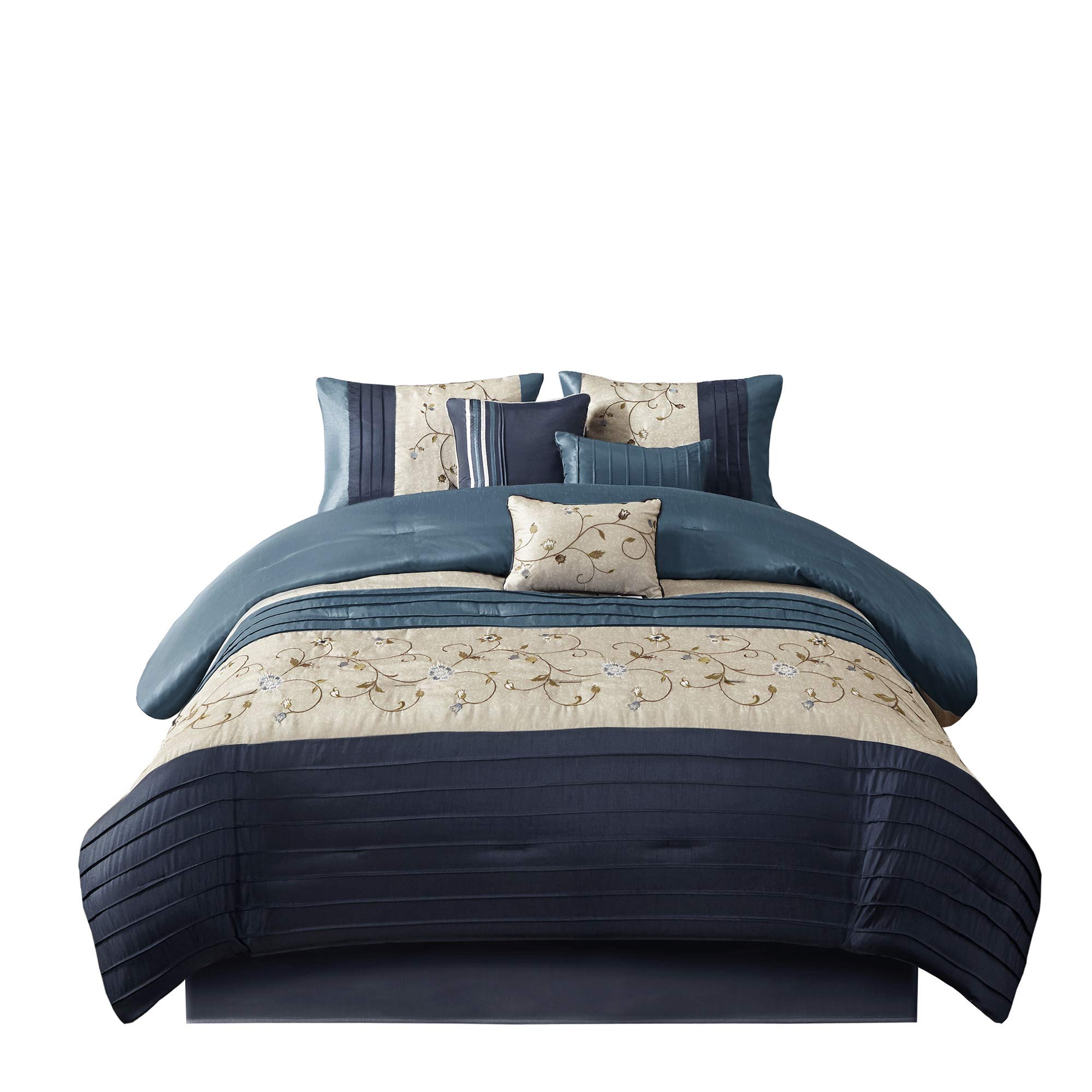 Madison Park Serene Comforter Reversible Solid Faux Silk Floral Flower Embroidered Pleated Stripes Patchwork Soft Down Alternative Hypoallergenic All Season Bedding-Set, King, Navy