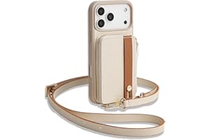 LAMEEKU for iPhone 17 Pro Case Wallet with Wrist Strap, Zipper Crossbody Purse with Phone Grip Holde 6.3 inch Beige