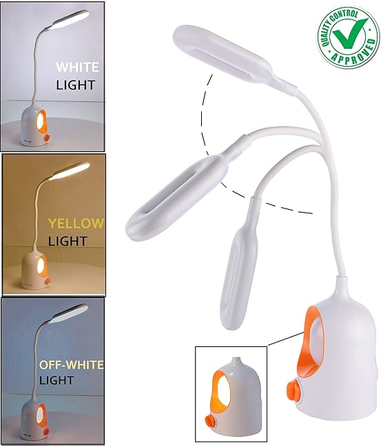 DOCOSS - ABS Rechargeable Flexible LED Table Lamp Desk Lamp with 3 Light Modes Study Reading Light for Students Study,Office with Dimmer & Warm White Light (White)
