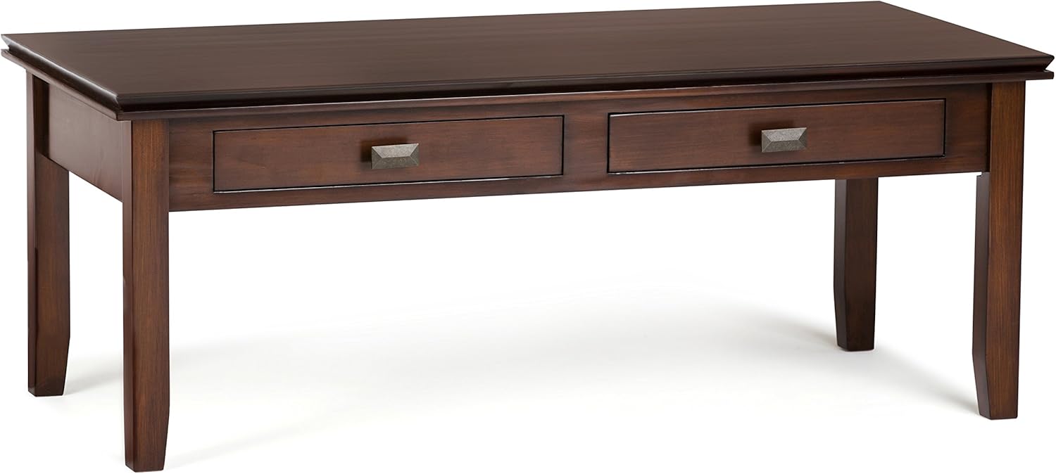 SIMPLIHOME Artisan SOLID WOOD 46 inch Wide Rectangle Contemporary Modern Coffee Table in Russet Brown with Storage, 2 Drawers, for the Living Room, Family Room