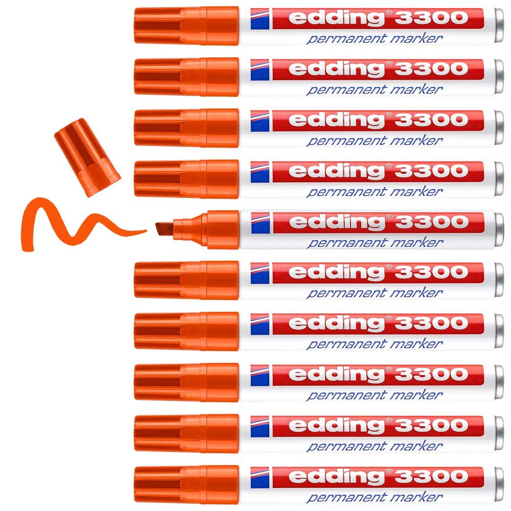edding 3300 permanent marker - orange - box of 10 - chisel tip 1-5 mm - quick-drying permanent markers - waterproof, smudge-proof - for cardboard, plastic, wood, metal, fabric - marker pens