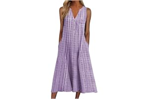 Huilaibazo Women Summer Dress with Pocket Sleeveless Midi Dress Casual V Neck Button Sundress Striped Print Mid Calf Dresses