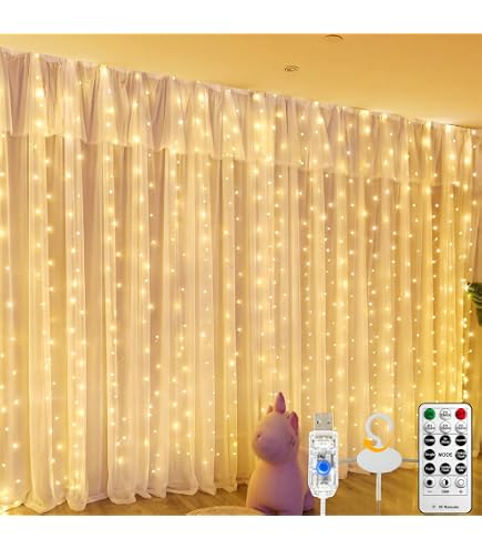 Dofash Curtain Lights 2-Pack – 300 LED Each, 9.8x9.8Ft, 8 Modes With Remote & Timer, USB Powered, Cool White – Perfect For Bedroom, Wedding, Party, Indoor/Outdoor Decor