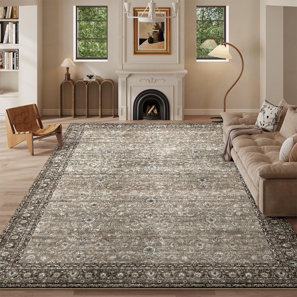 Photo 1 of 8x10 Area Rugs Grey and Brown Washable Rug for Living Room, Dining Room, Bedroom, Large Carpets, Non Slip & Non-Shedding Low Pile Vintage Print Rug for Home Office Decor