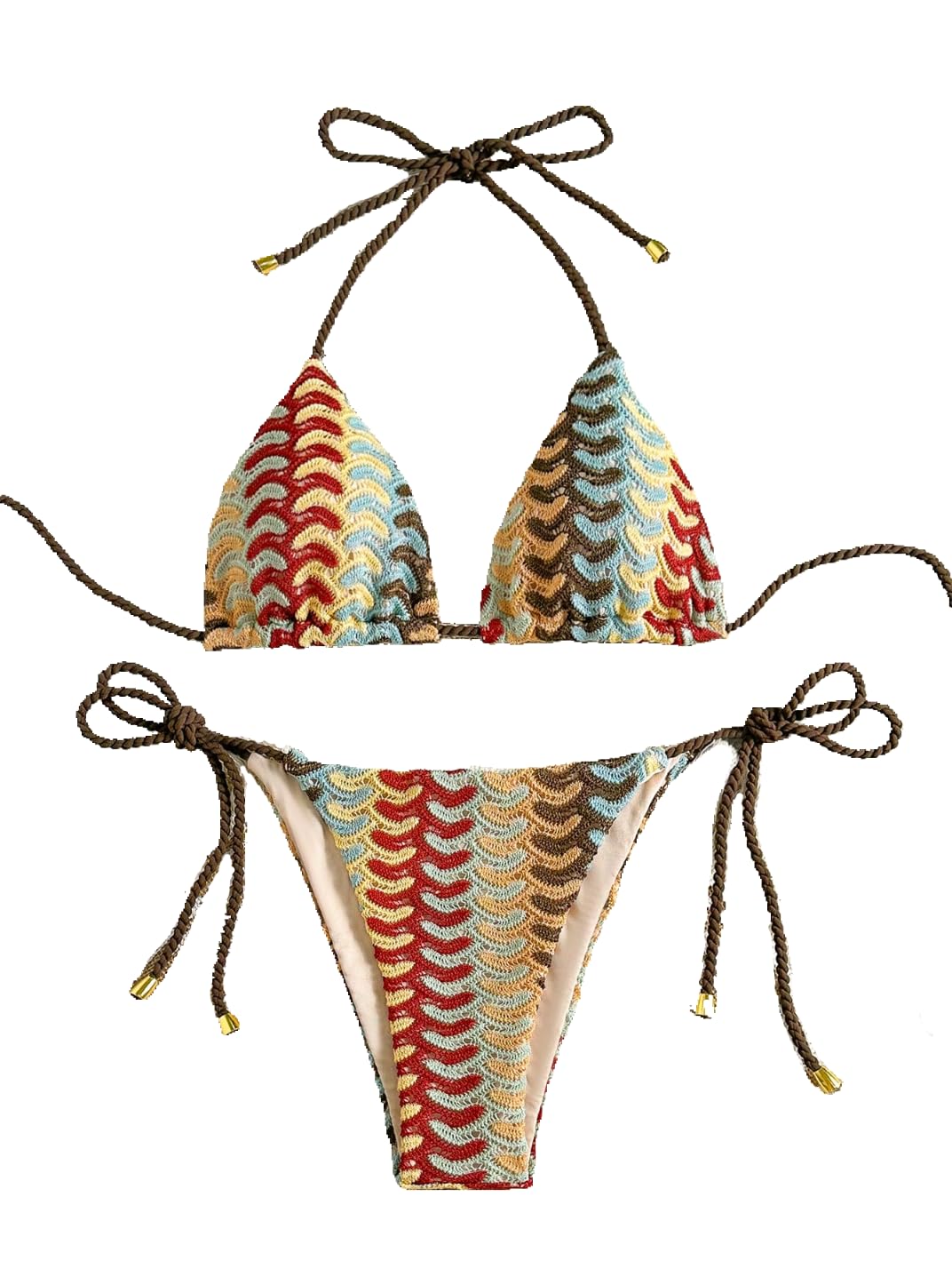 zaful 2 piece triangle bikini for women knitted rope halter bikini sets sexy bathing suit side tie swimsuits beachwear 4-bronze small