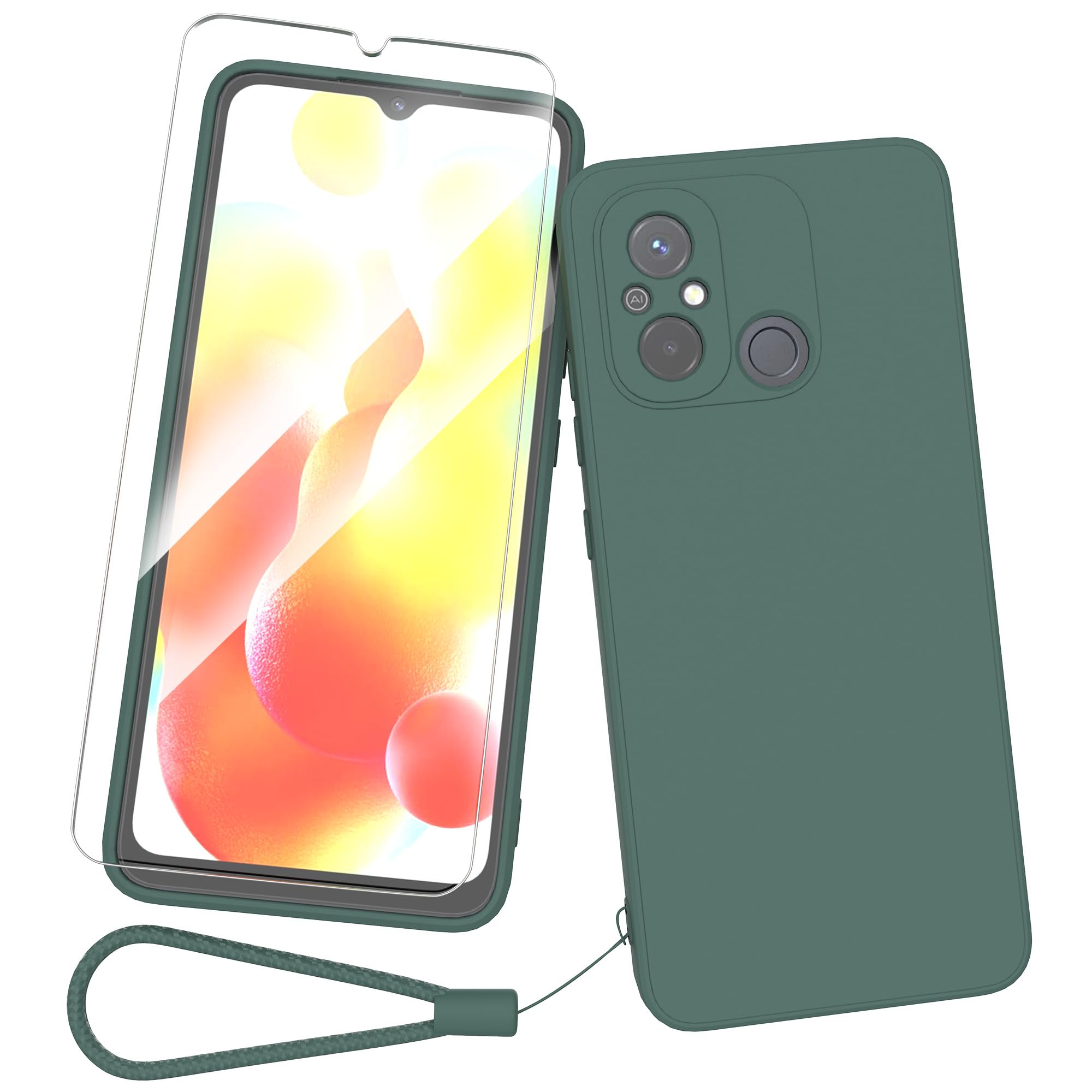 Fyriswho Case for Xiaomi Redmi 12C / Redmi 11A, Soft Liquid Silicone Thin Case Cover [Scratch-Resistant Mobile Phone Case] [Shockproof Protective Case] with 1 Piece Protective Glass - Dark Green