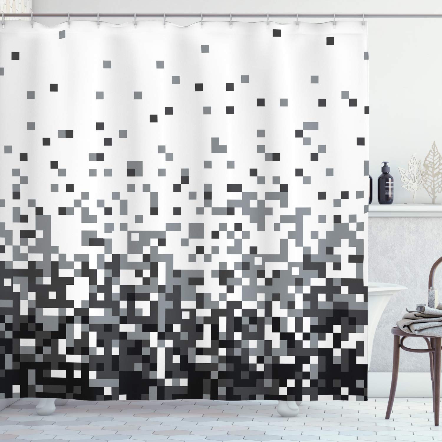 ABAKUHAUS Geometric Shower Curtain, Graphics Pixel with Little Squares Greyscale Modern Computer Pattern, Cloth Fabric Bathroom Decor Set with Hooks, 70 Inches, Grey Dark Grey White