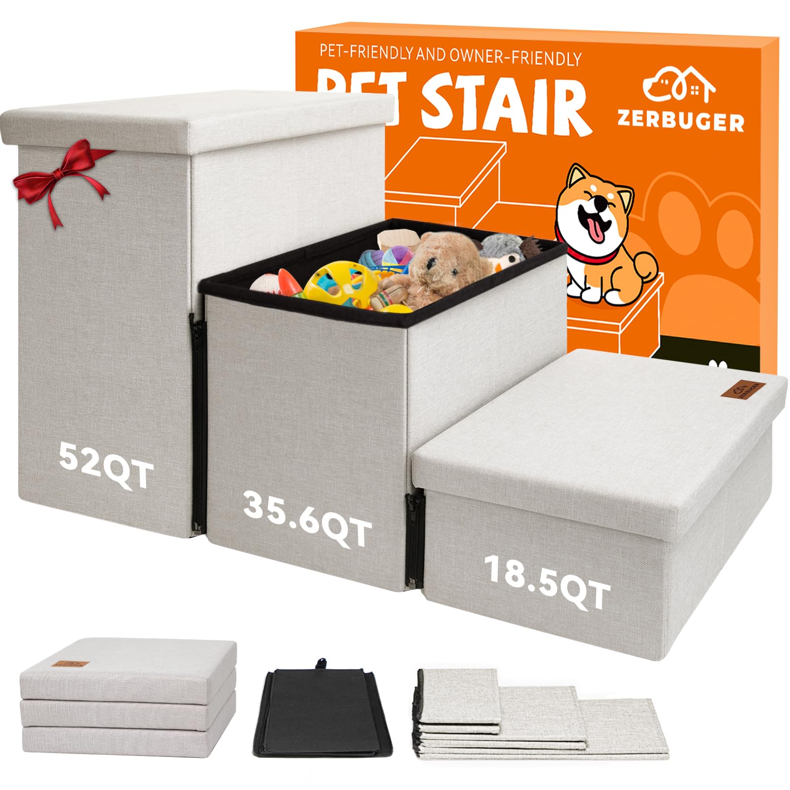 Photo 1 of Zerbuger Dog Stairs with Storage 18" H, 3-Step Wider Dog Steps for Small/Medium/Large Old Dogs Cats, Folding Sturdy Pet Stairs Climbing Bed or Couch, Ramp for Car Up to 200 lbs (Beige, No Condo)