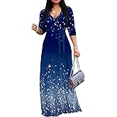 PinkPatty Plus Size Maxi Dress for Women Casual V Neck 3/4 Sleeve Boho Printed Long Dress with Pockets