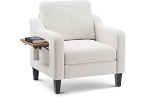 CHAIRKER Accent Chair for Living Room Modern Linen Upholstered Armchair Side Wooden Fabric Sofa Chair with Foldable Table 2 Side Pockets Comfy Reading Chair for Bedroom