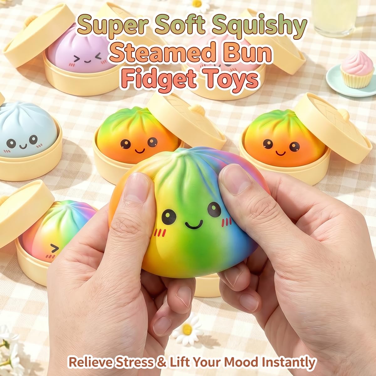 Condition photo showing As Is for 2pcs rainbow dumpling squishies toys with food steamer,colorful squeeze dough fidget sensory stress