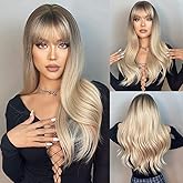 HAIRCUBE Long Wave Blonde Wig with Bangs,Ombre Blonde Wigs for Women Heat Resistant Fiber Synthetic Wigs for Daily Use