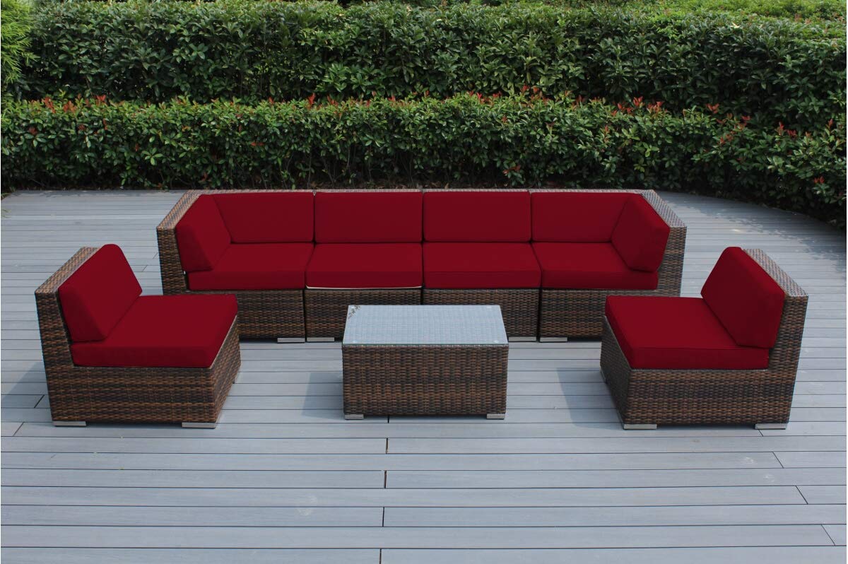 Genuine Ohana Outdoor Patio Sofa Sectional Wicker Furniture Mixed Brown 7pc Couch Set (Sunbrella Red)