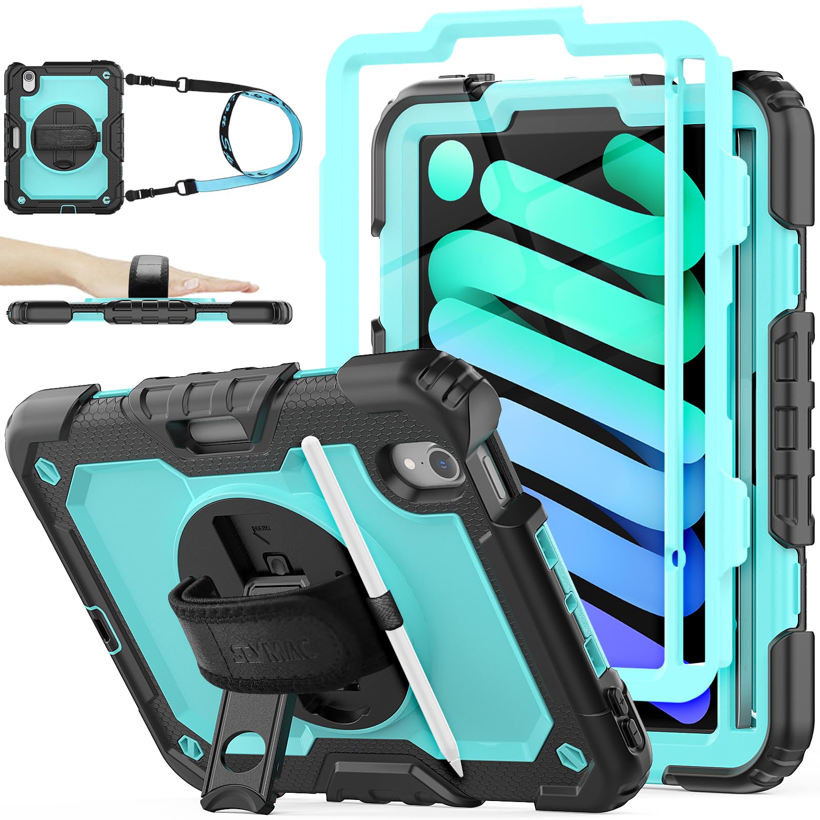 SEYMAC stock Case for iPad Mini 7 (A17 Pro)/ Mini 7th/6th Generation Case 8.3 inch(2024/2021), Full-body Shockproof Cover with 360° Rotating Stand/Hand Strap, Screen Protector & Pencil Holder, Skyblue