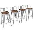 Yongchuang 24 inch Barstools Set of 4 Counter Height Bar Stools Farmhouse Kitchen Metal Bar Chairs with Wood Seat Low Back Silver