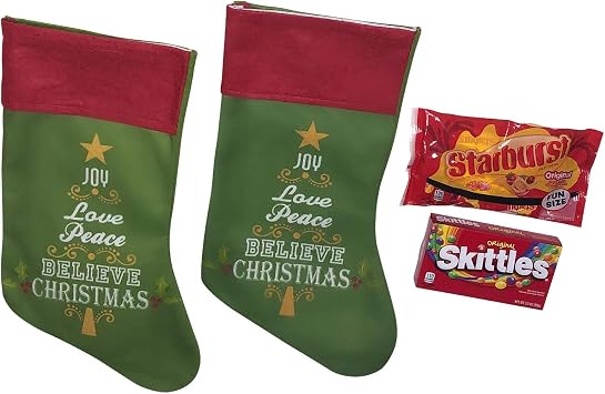 Download Buy Classic Christmas Stocking Festive Tree Print Green Red Soft Plush Felted Cloth Bundle With Skittles And Starburst 4 Piece Kit Online At Low Prices In India Amazon In