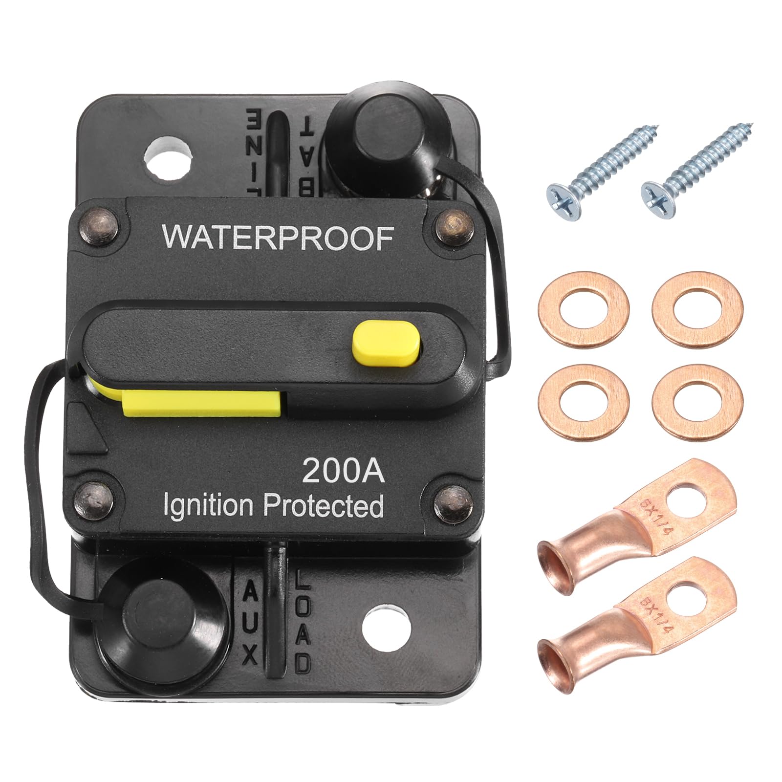 DMiotech 200A Circuit Breaker, 12-48V DC Automotive Inline Fuse Holders Inverter with Manual Reset Button Wire Lugs Washer Screws for Car Marine Boat Audio System Overload Protection