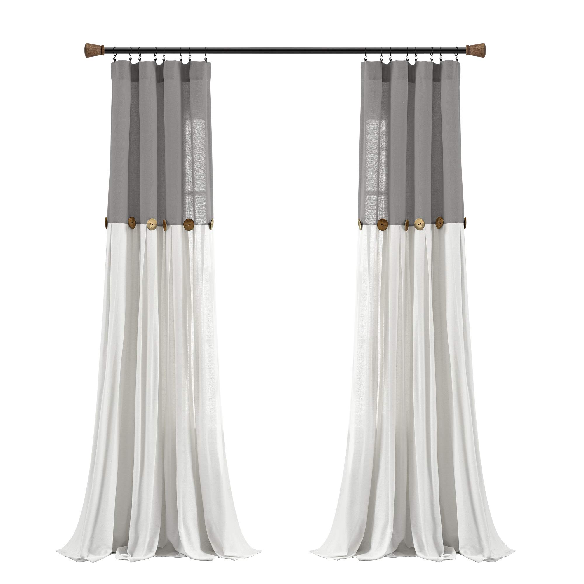 Lush Decor Linen Button Window Curtain Panel, Single, 40" W x 95" L, Dark Gray & White - Country Curtains - Rustic Decor - Color Block Modern Farmhouse Curtains For Living Room, Bedroom & Dining Room — image 1