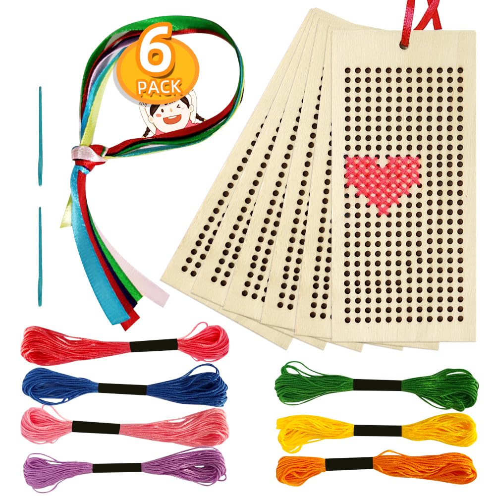 Wooden Bookmark Cross Stitch Kits, 6 Pack Embroidery Kit for Beginners Cross-Stitch Bookmark/Threads, Plastic Needles & Ribbons, Embroidery Set Cross Stitch Starter Kits for Crafts & Arts