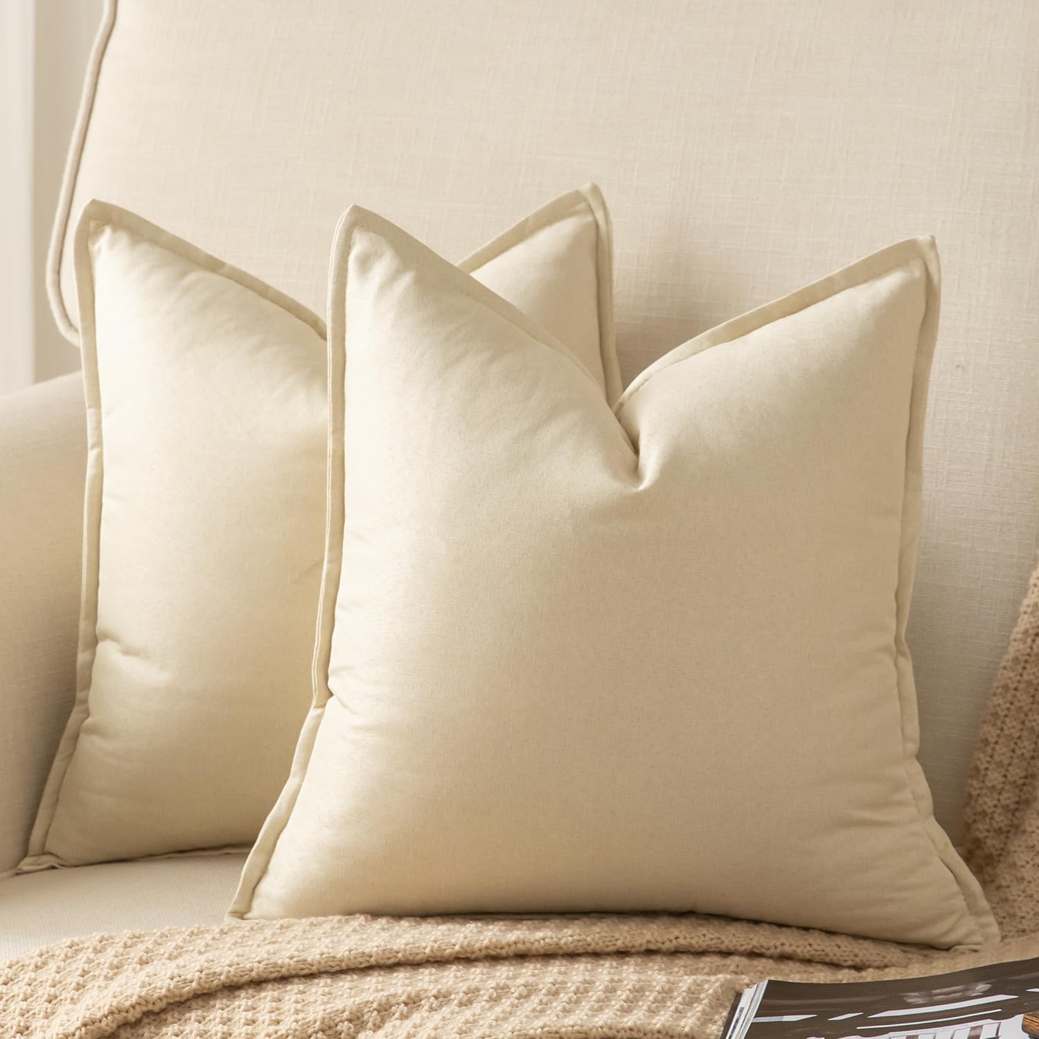 YAERTUN Pack of 2 Decorative Linen Soild Cushion Covers Farmhouse Neutral Throw Pillow Cases for Chair Couch Sofa Bedroom Living Room Home Decor 18 x 18 Inch 45x45 cm Beige