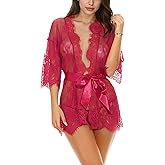 Hamefen dream love Women Kimono Robe Floral Lace Babydoll Lingerie Sheer Mesh Nightgown S-XXL