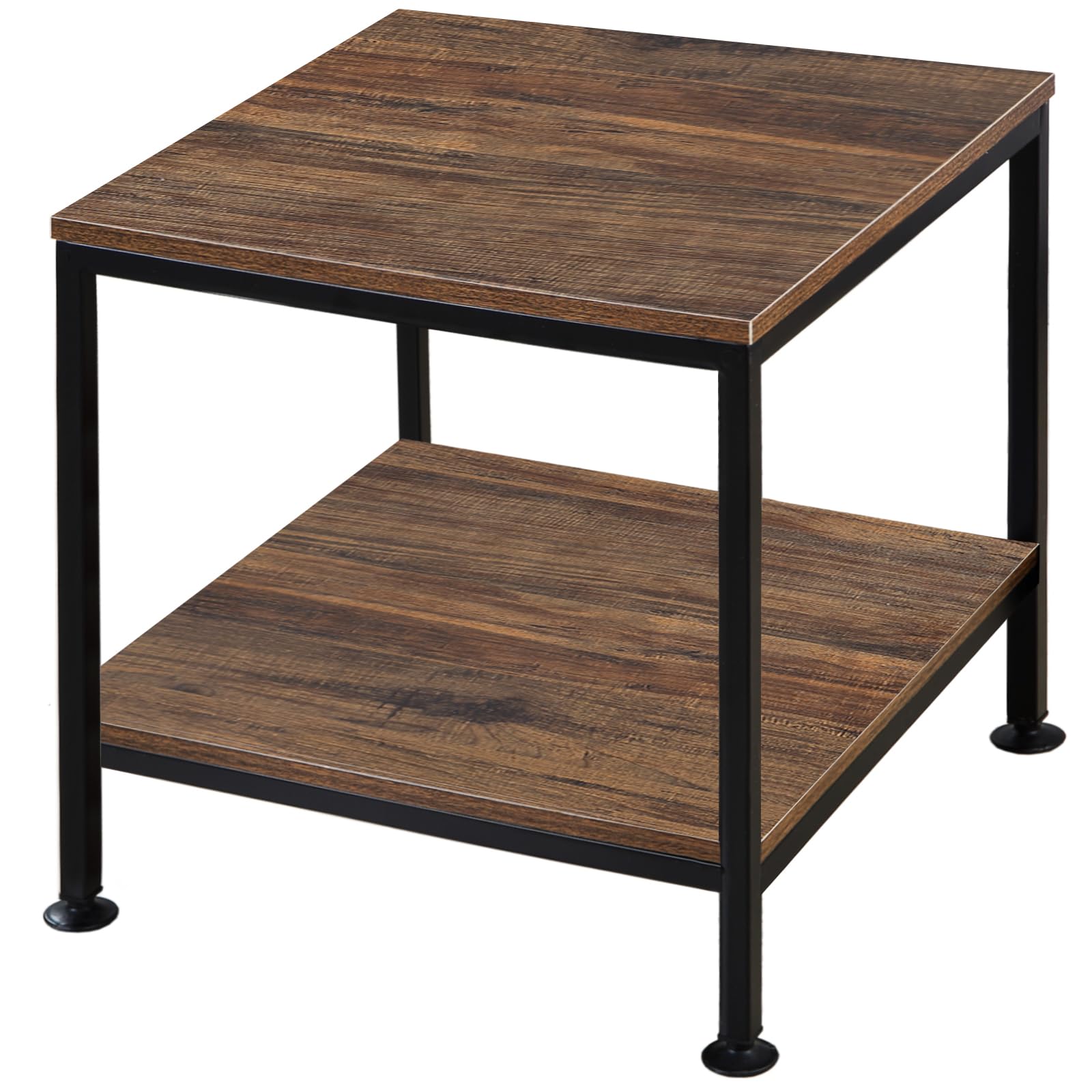 20 Inch 2 Tiers Square End Table with Metal Frame, Rustic Brown Fridge Stand Side Table Sturdy Easy Assembly Industrial Style for Living Room, Bedroom, Vintage Wood
