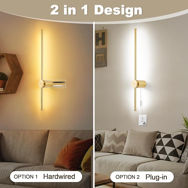 GOODATE WALL SCONCES SET OF TWO WITH REMOTE, STEPLESS COLORS 3000K-6500K & STEPLESS DIMMING, HARDWIRE OR PLUG-IN, 180° ROTATE, LED GOLD PLUG IN WALL SCONCES WITH TIMER & NIGHT LIGHT, 23.6 INCHES