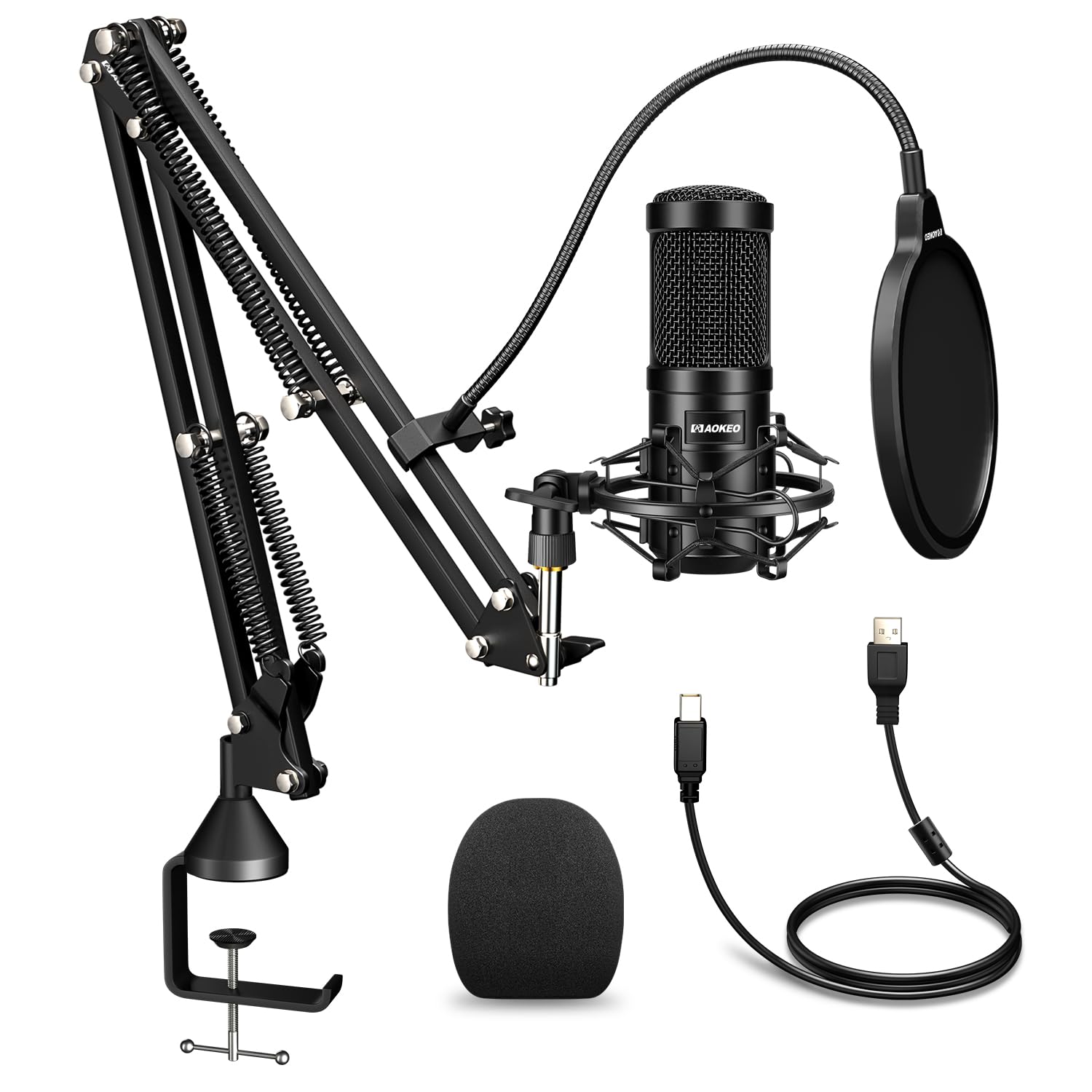 Aokeo USB Condenser Microphone, 192kHZ/24bit Professional PC Streaming Podcast Cardioid Microphone Kit with Boom Arm, Shock Mount, Pop Filter, for Recording, Gaming, YouTube,Meeting, Discord