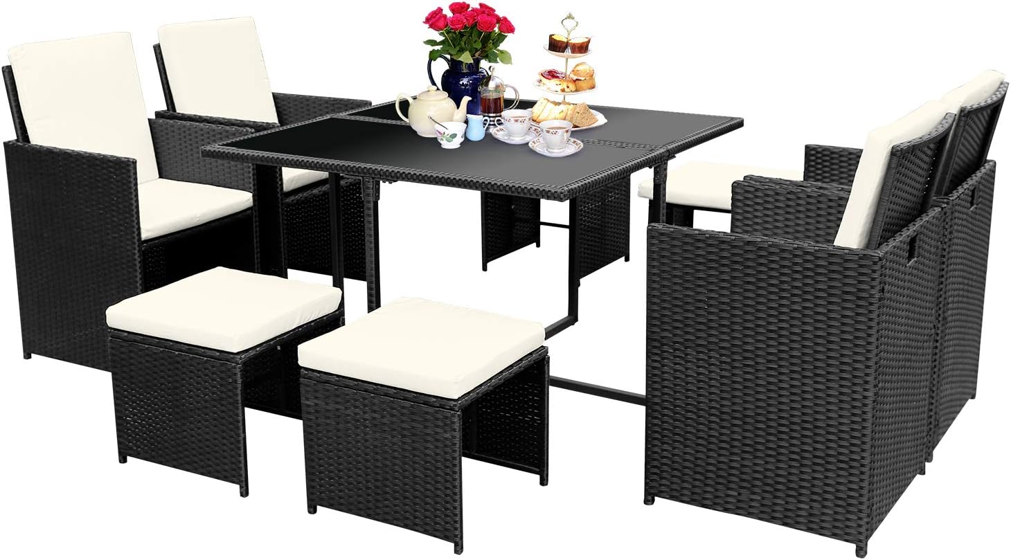 Viewee 9 Pieces Wicker Patio Dining Set, Indoor Outdoor Space-Saving Rattan Table & Chairs with Tempered Glass Top & Padded Cushions and Back Sectional Patio Conversation Set