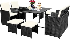 Viewee 9 Pieces Wicker Patio Dining Set, Indoor Outdoor Space-Saving Rattan Table & Chairs with Tempered Glass Top & Padded Cushions and Back Sectional Patio Conversation Set
