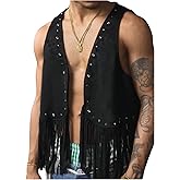 SHENHE Men's Western Cowboy Fringe Vest Sparkle Rhinestone Open Front 70s Hippie Vest Jacket