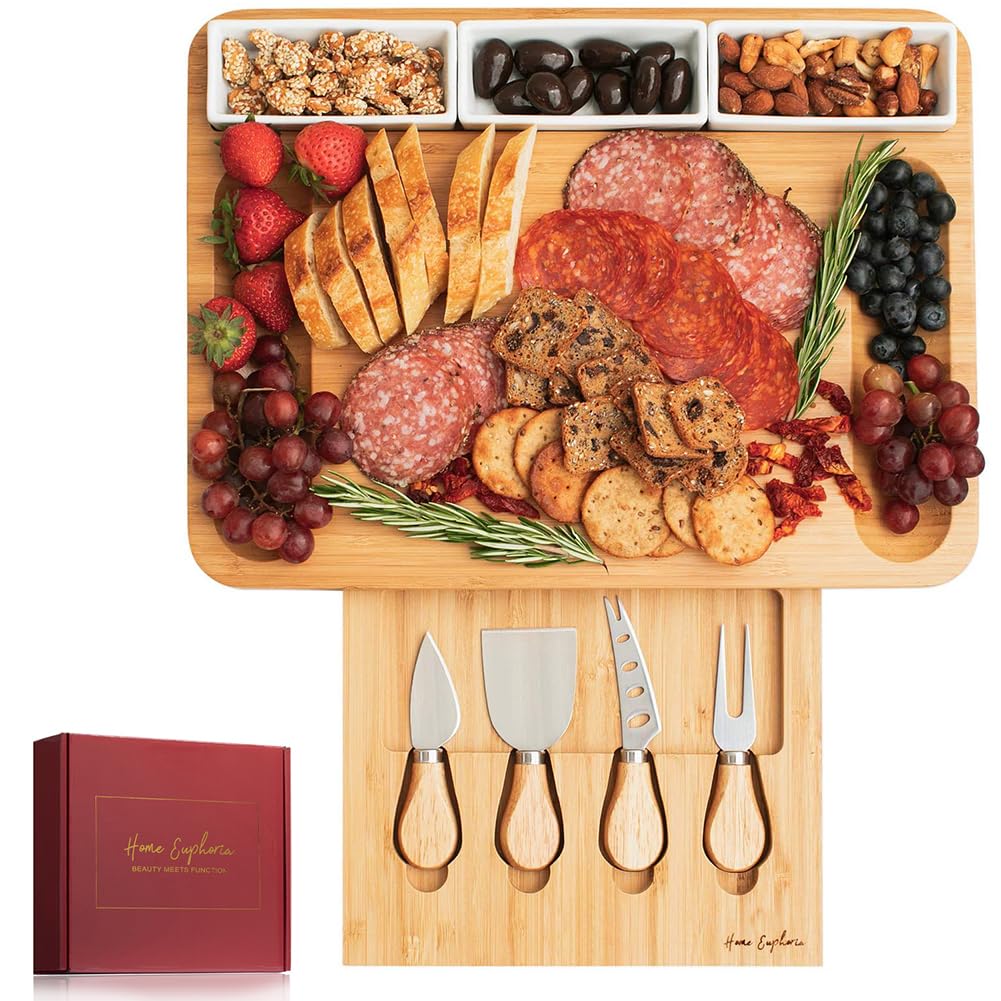Home Euphoria Large Bamboo Charcuterie Board and Knife Set - Cheese Board with Bowls, Beautiful Gift for Mom Image