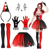 Beipegin Halloween Clown Costume Women Accessories Halloween Costume Women | 5 PCS Red and Black Clown Hat Headband Gloves Face Gems Knee High Socks Tutu Skirt, Ladies Jester Accessories Party Cosplay