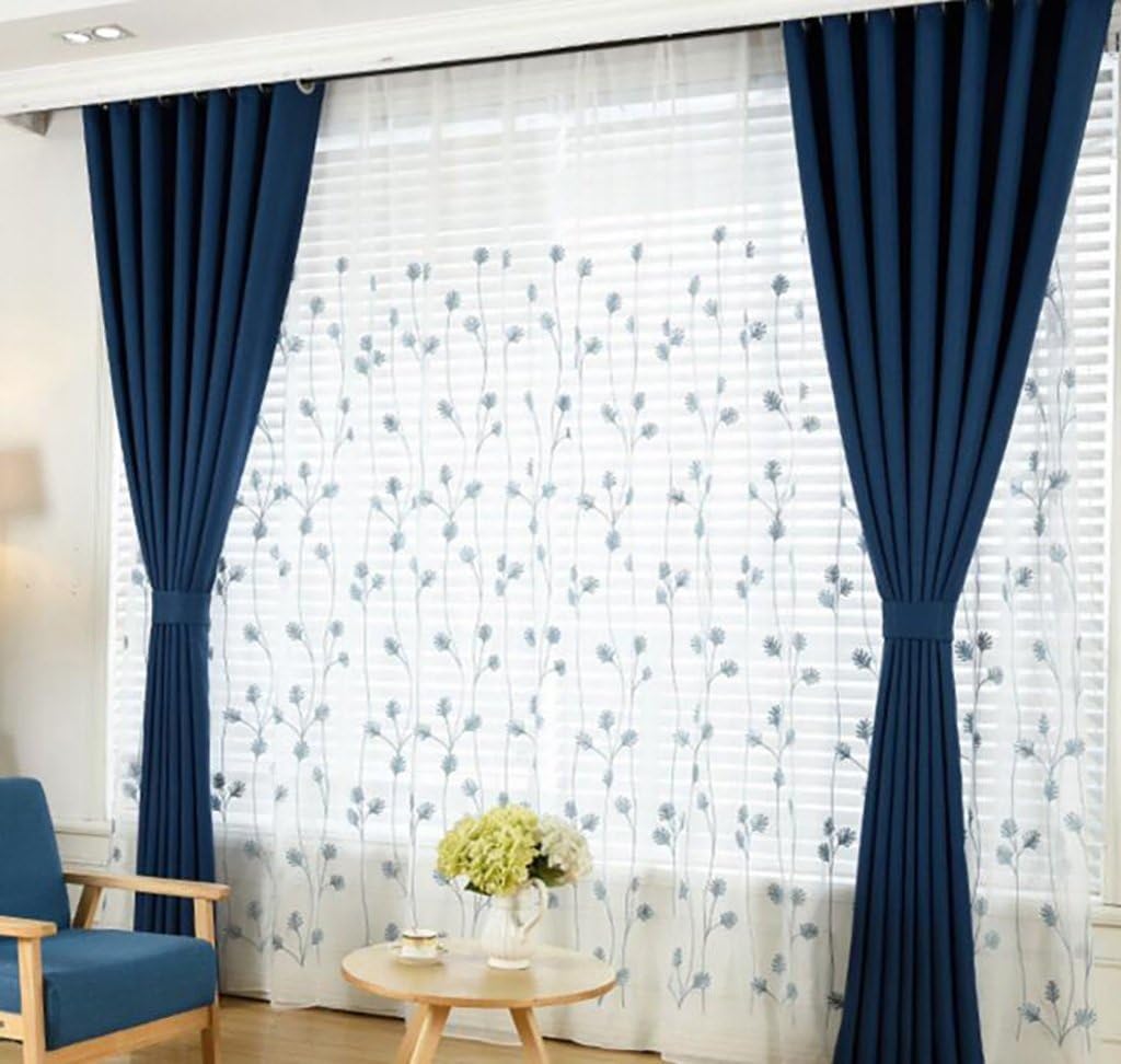 Curtains simple modern color cotton and linen living room bedroom thickened shade finished curtains perforated curtains blue (blue) (size: 300CM 270CM) Window decoration (Size : 300270cm)