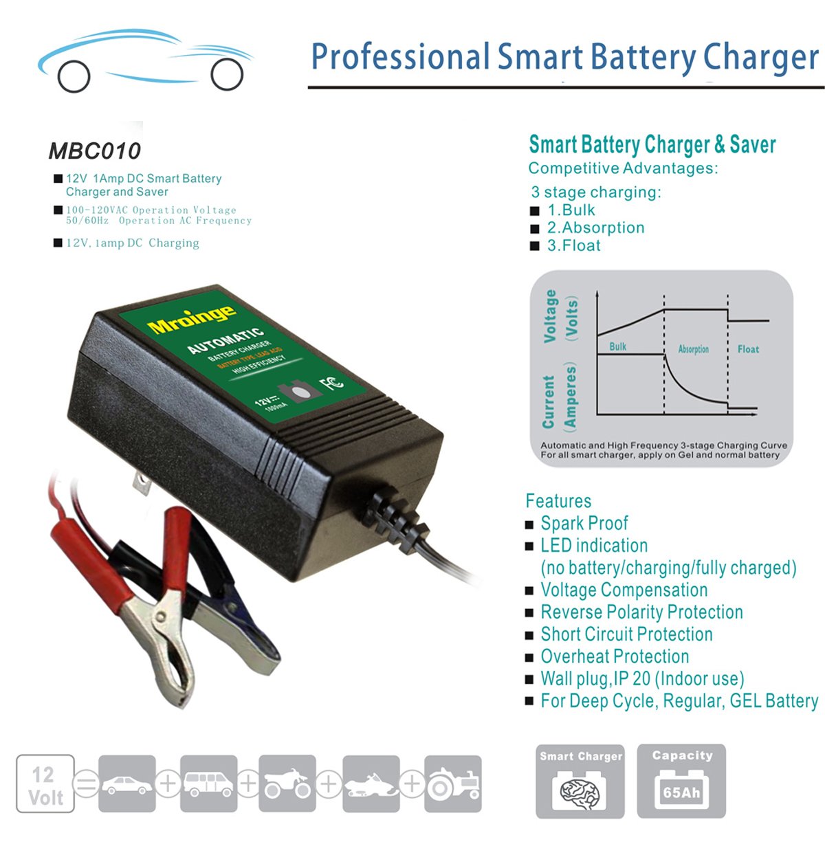 Mroinge MBC010 12V/1000mA Smart Battery Charger