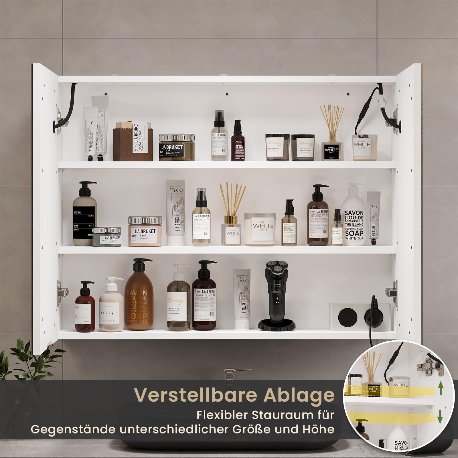 DICTAC Badezimmer spiegelschrank mit Beleuchtung 80x60x16cm Spiegelschrank Bad mit LED und Steckdose 80 cm Breit Doppeltür Badschrank mit Spiegel und Ablage,Hängeschrank,Berührung Sensorschalter,Weiß 6
