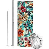 Firmiso 20 oz Tumbler | Skinny Insulated Travel Mug with Leak-proof Lid and Telescopic Straw | Paisley Floral Stainless Steel Coffee Cup for Hot & Cold Drinks | Christmas Gifts for Women and Men