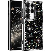 LAPOPNUT for Samsung Galaxy S25 Ultra Case,Glitter Sparkly Crystal Diamond Rhinestones Rectangle Edge Phone Case for Girls Women,Cute Bling Sequin Shockproof Raised Camera Protection Cover,Black