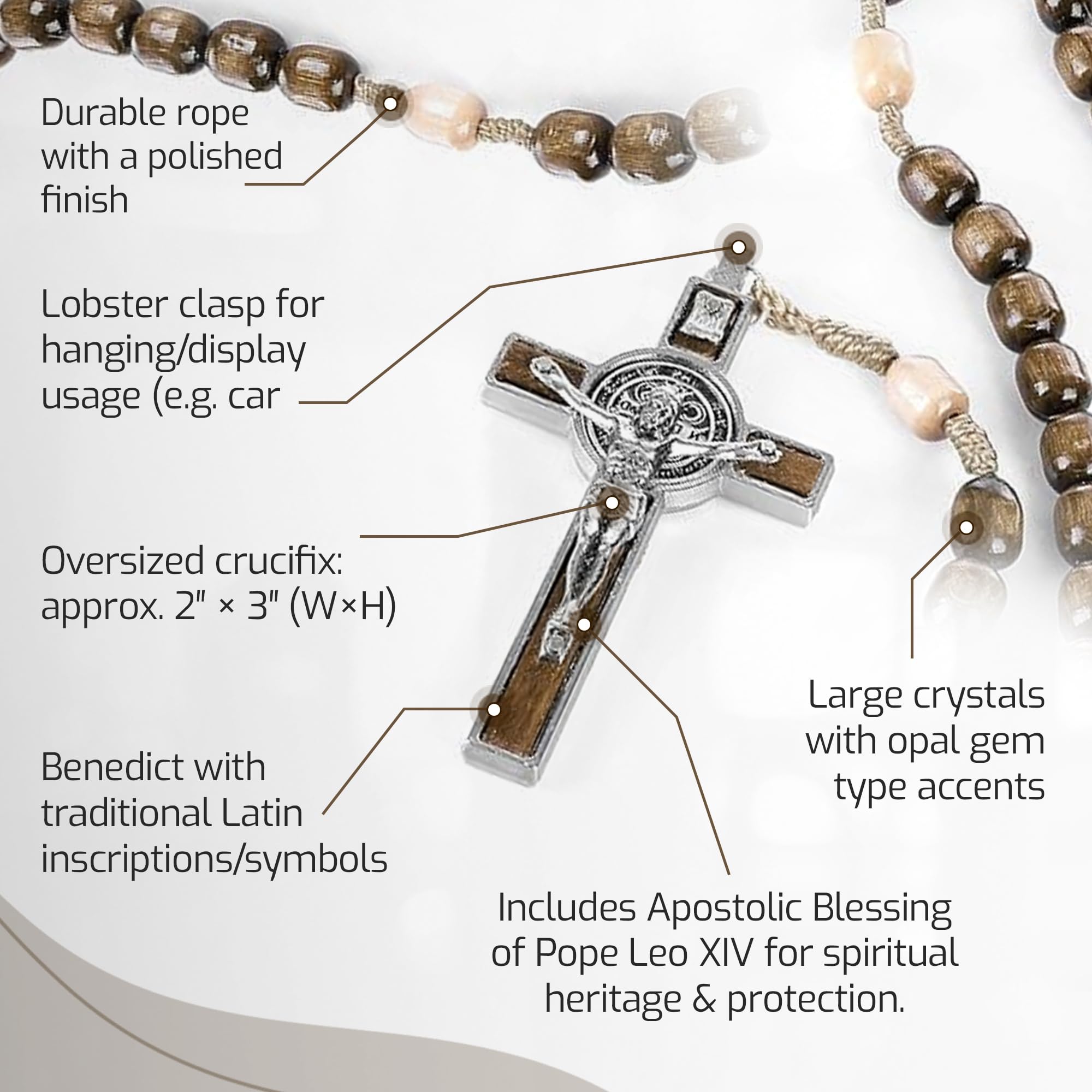 Italian Rosary with Pope Leo XIV Apostolic Blessing – Large Beads Catholic Necklace for Car Mirror, First Communion, Religious Keepsake Gift