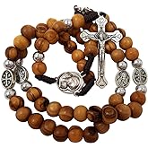 TALISMAN4U Olive Wood Rosary Beads Catholic Necklace With Jerusalem Holy Soil & Certificate In Blue Velvet Rosary Pouch
