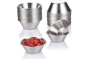 HOMEE 24Pack Stainless Steel Condiment Sauce Cups with Transparent Lid,1.7oz/50ml Reusable Round Dipping Sauce Cup,Stackable 