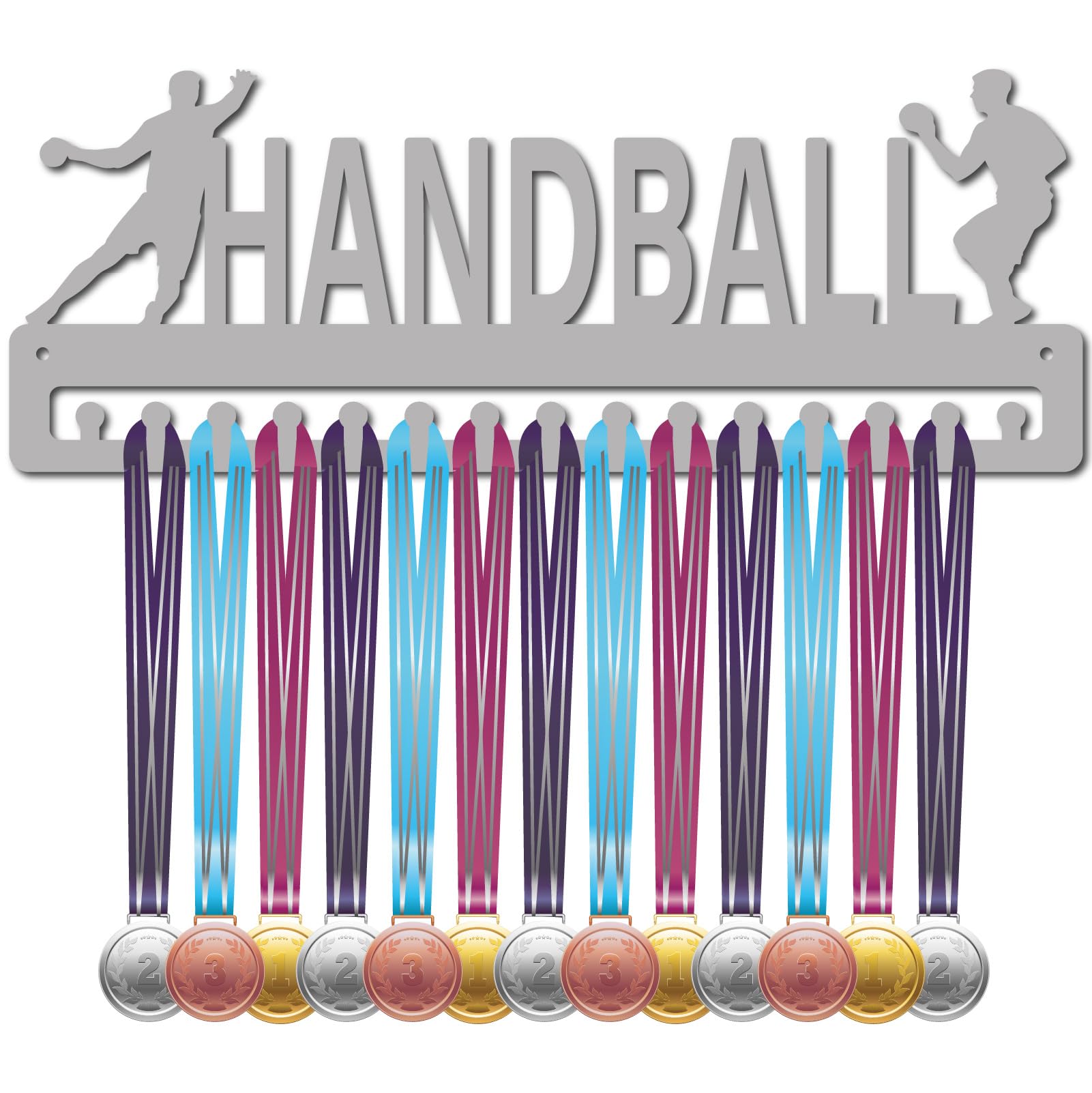 CREATCABIN Handball Medal Hanger Sports Medal Holder Display Award Ribbons Organizer with Hooks Metal Silver Rack Wall Hanging 15+ Medals for Sport Race Gifts Soccer Players Athletes 15.7x5.9Inch