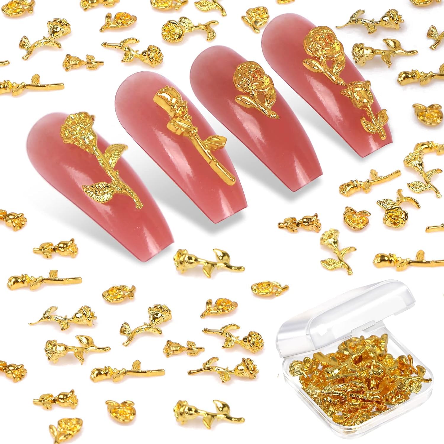 Rose Nail Charms, 50PCS 3D Gold Silver Flower Rose Golden Metallic Mini Alloy Nail Art Decals DIY Nail Accessories for Women Girls (Gold)