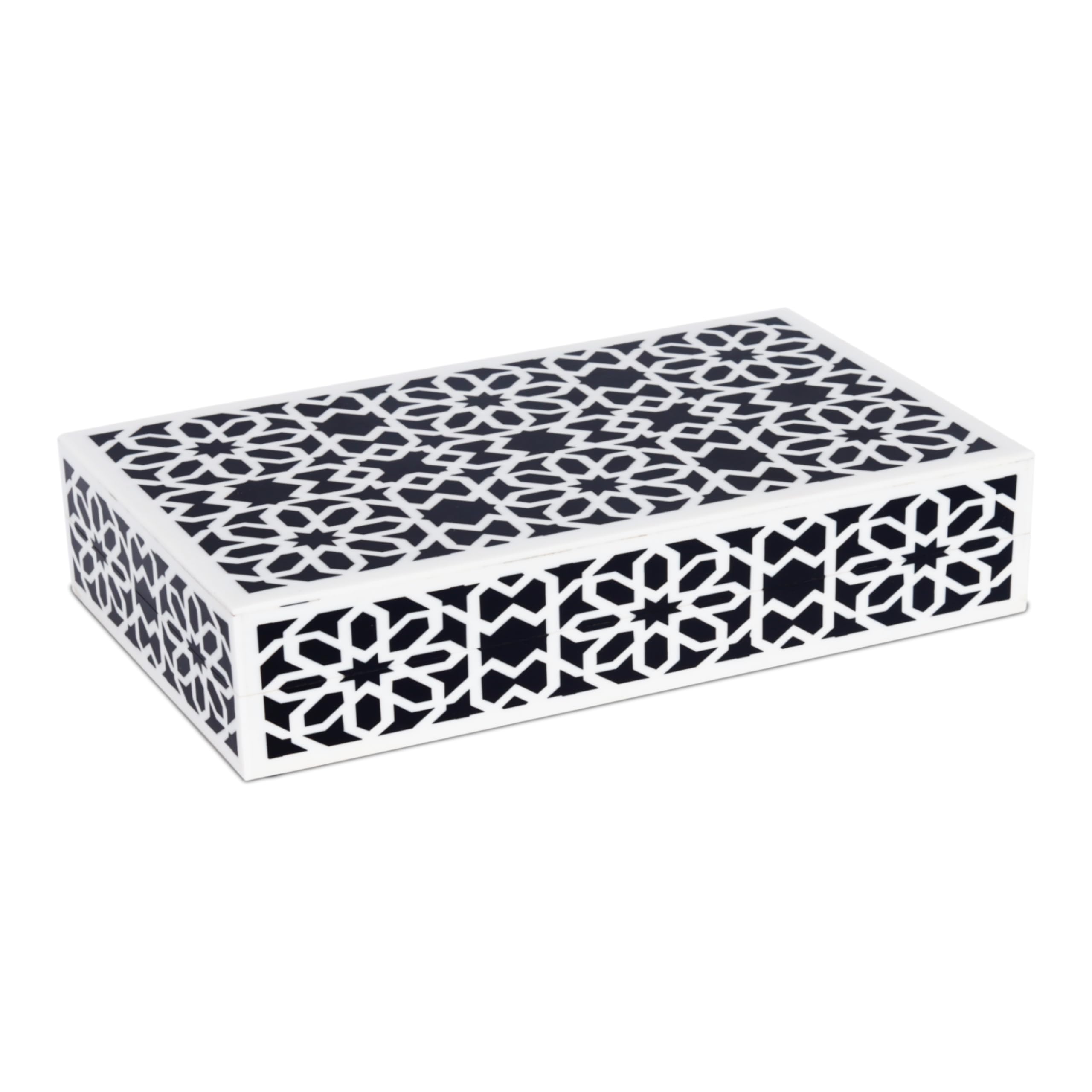 Handicrafts Home Decorative Storage Box with Lid, Black White Islamic Floral Geometry Remote Control Box, Slim Persian Mosaic Storage Box for Shelf, Desk & Living Room Decor, Shiraz 8 x 6 x 1.5
