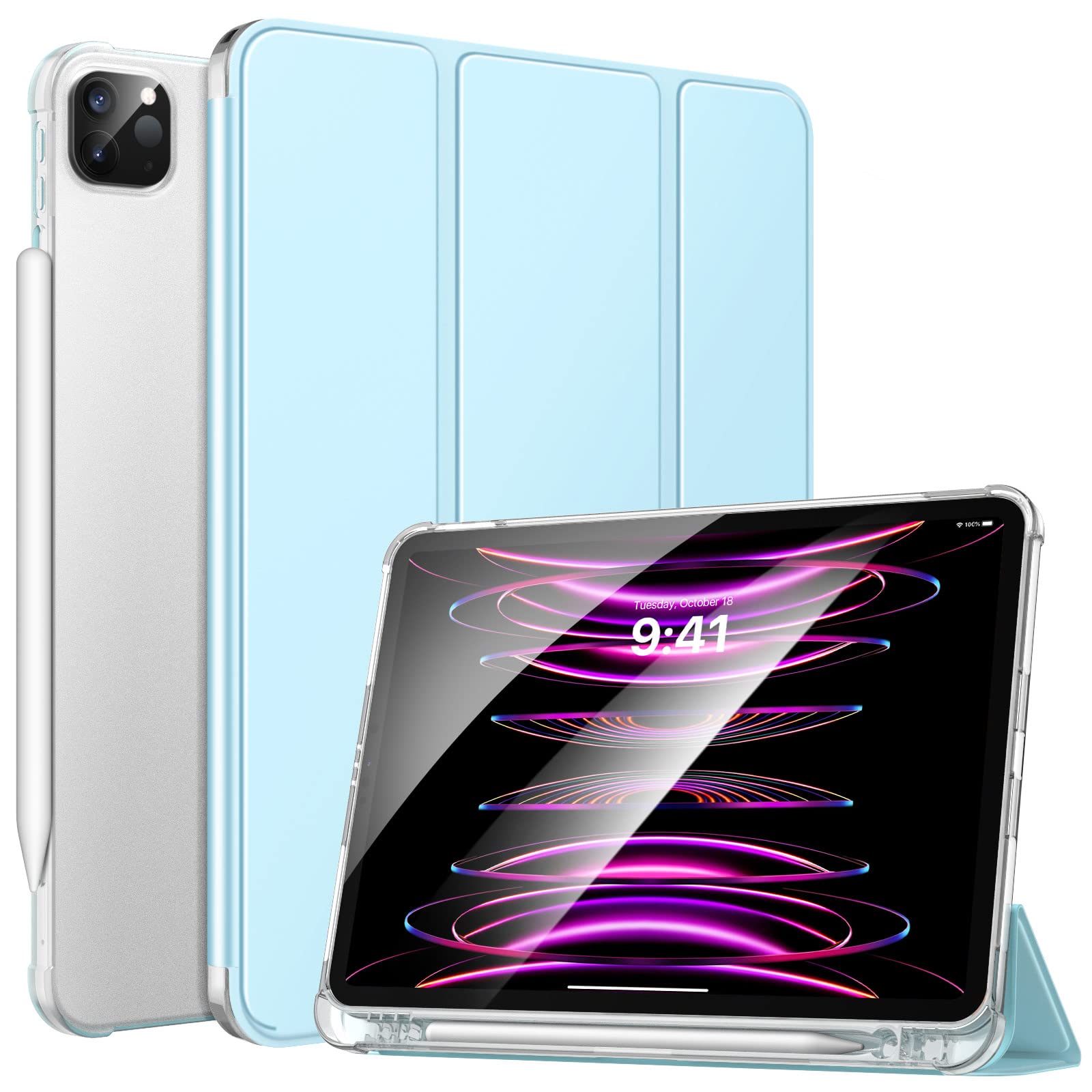 MoKo Case Fit New iPad Pro 12.9 6th Generation 2022/5th Gen 2021 - Smart Trifold Shell Cover with Pencil Holder, Soft TPU Translucent Back Case for iPad Pro 12.9-inch, Auto Wake/Sleep, Sky Blue