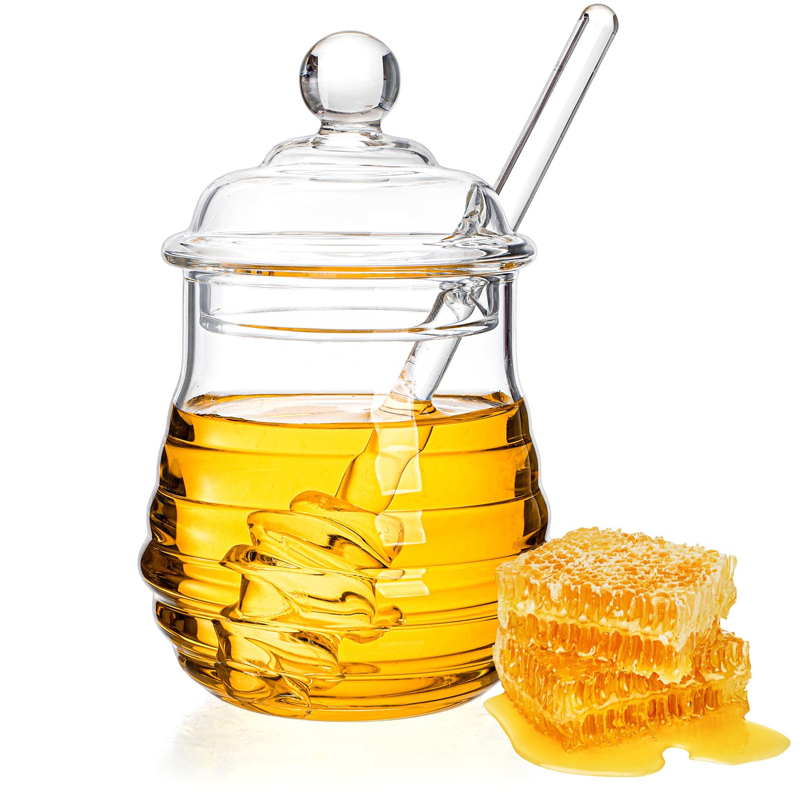 Lawei 300ml Honey Jar with Spoon and Lid Glass Honey Pot with Dipper Heat Resistant Glass Honey Dispenser for Serving Honey and Syrup