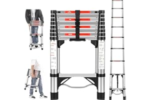 Rengue Telescoping Ladder, 8.5 FT One Button Retraction Aluminum Telescopic Collapsible Extension Extendable Ladder Portable Multi-Purpose Ladder for Home RV Loft for Outdoor Work
