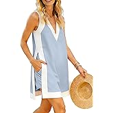 Hooever Women's Sleeveless V Neck Color Block 2 Piece Set Tunic Dress Top with Shorts Summer Beach Outfit with Pockets