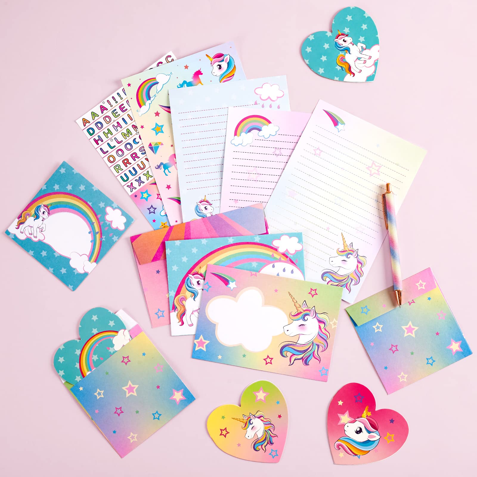 Unicorn Stationery Set - 69 PCS Letter Writing Paper Kit for Girls Kids Unicorns Gifts for Girls Stationery Writing Sheets with Envelopes Greeting Cards Stickers Ballpoint Pen