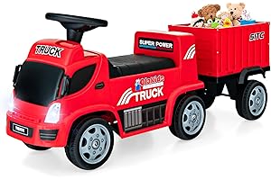 OLAKIDS Kids Ride On Push Car, 2 in 1 Foot-to-Floor Sliding Truck with Detachable Trailer, Steering Wheel, Headlights, Music, Alarm Sound, Toy Walker Gift for Toddlers Age 1.5-3 Boys Girls (Red)